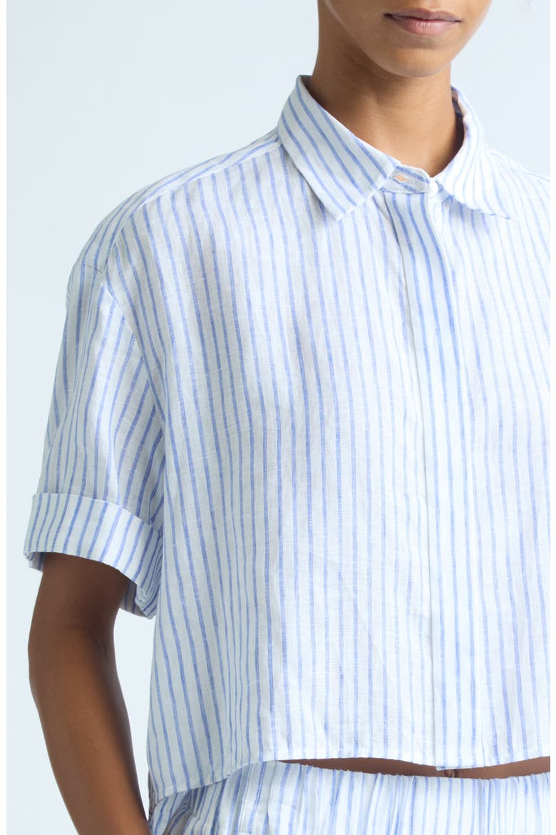 Mel Short Sleeve Button-Up Linen Shirt, Alternate, color, WHITE/ CLASSIC BLUE