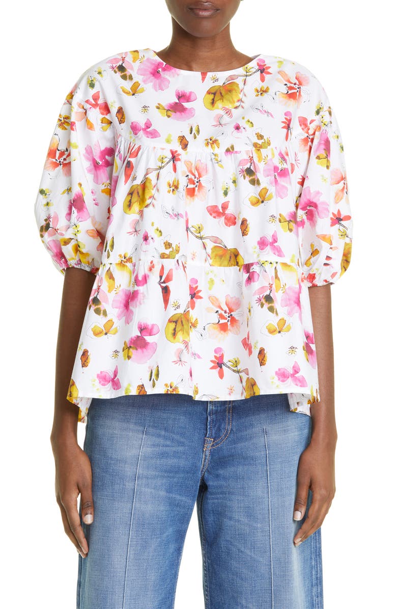 Merlette Paraiso Floral Print Puff Sleeve Tiered Top, Main, color, 