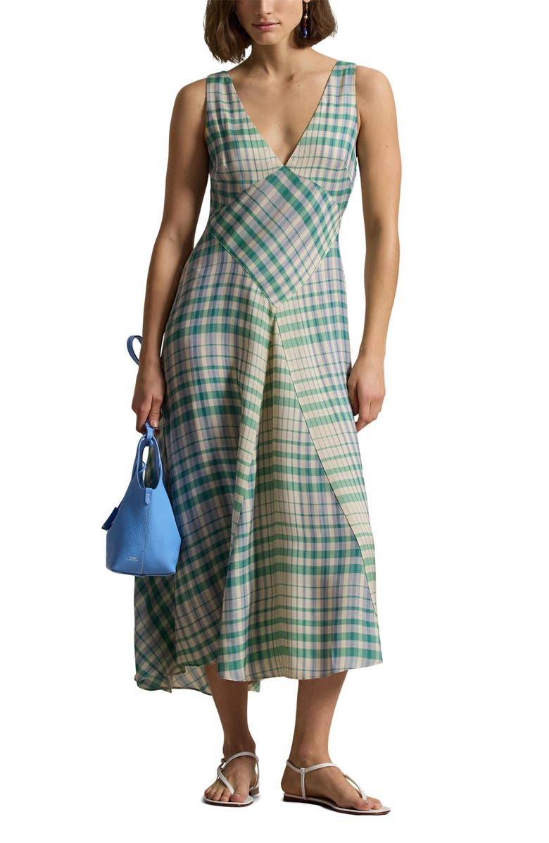 Polo Ralph Lauren Plaid Sleeveless Twill Maxi Dress, Main, color, 2009 Blue-Light Mauve Plaid