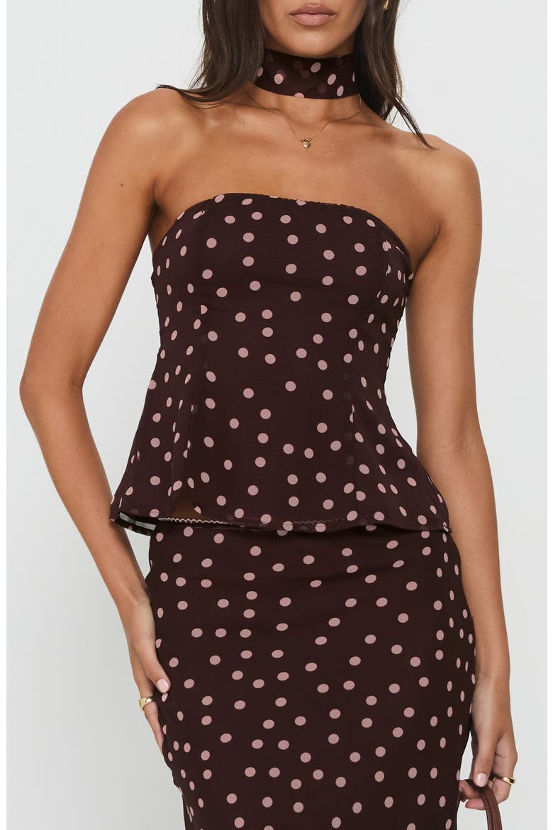 Sydni Scarf Detail Strapless Top, Main, color, CHOCOLATE / PINK POLKA