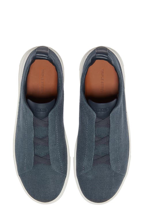 Zegna Baskets Triple Stitch En Coton, Lin Et Cuir Bleu Sarcelle Foncé In Blue