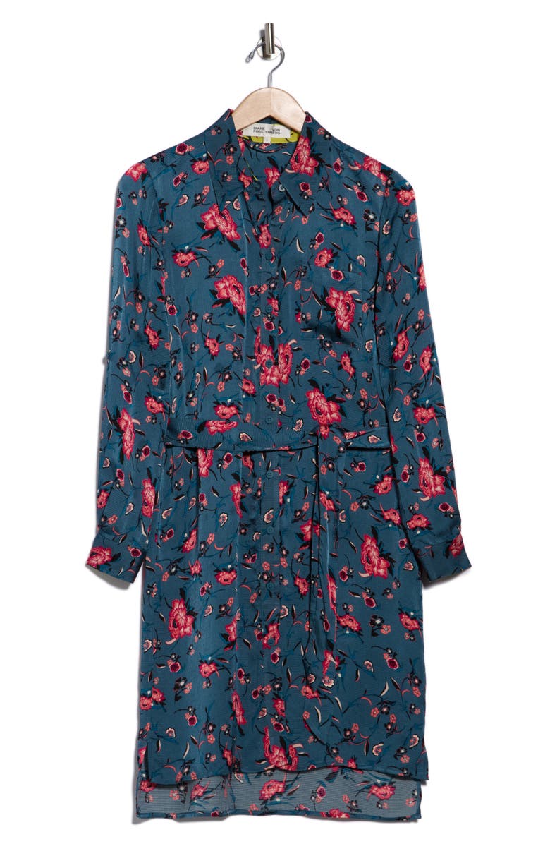 Diane von Furstenberg Prita Floral Long Sleeve Shirtdress, Main, color, Dancing Rose Petrol Mix