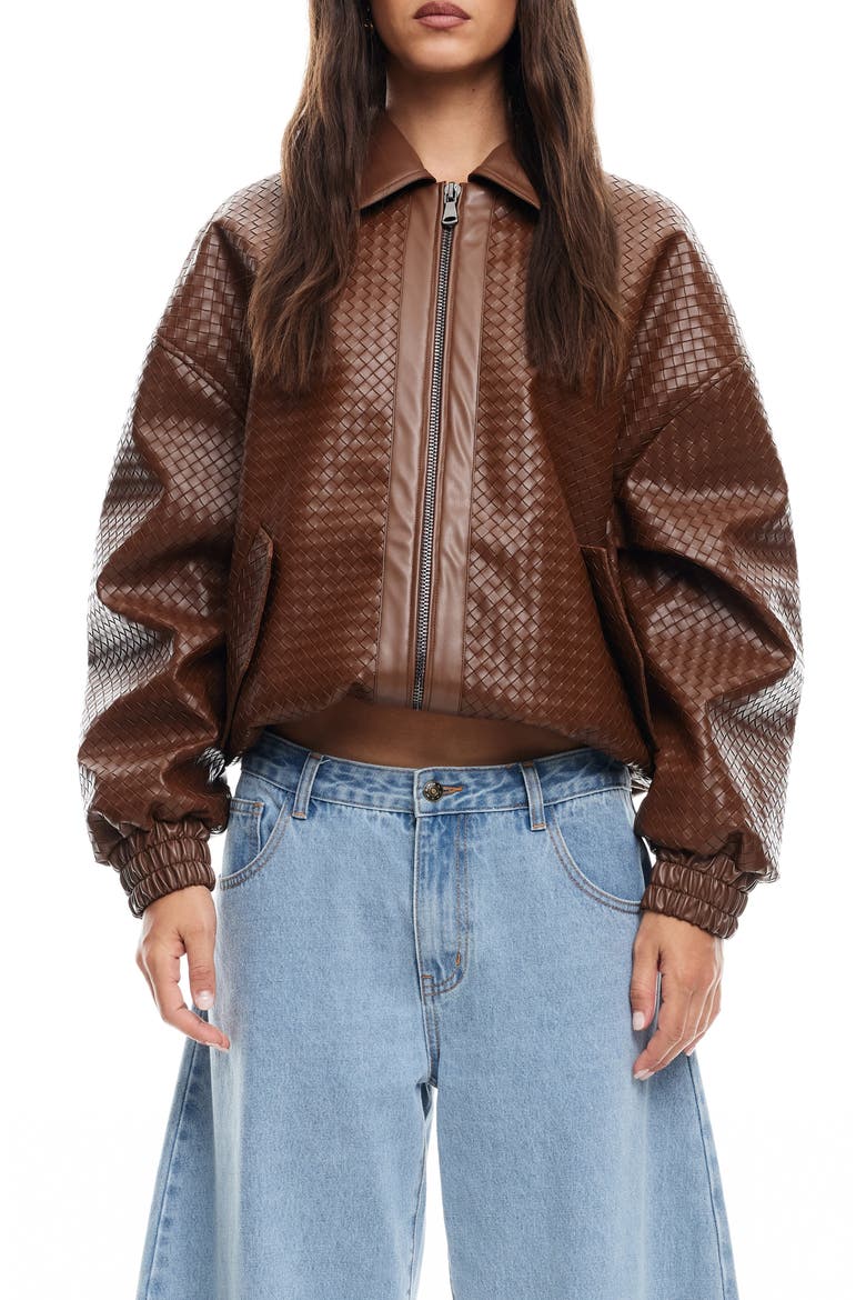 Kenny Woven Faux Leather Bomber Jacket, Main, color, CHOCOLATE