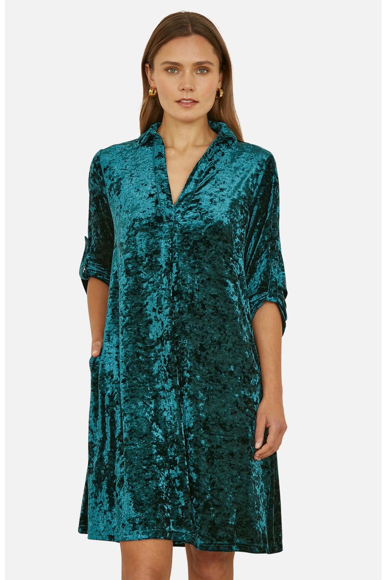 Velvet 3/4 Sleeve Collared Tunic Dress, Alternate, color, Green