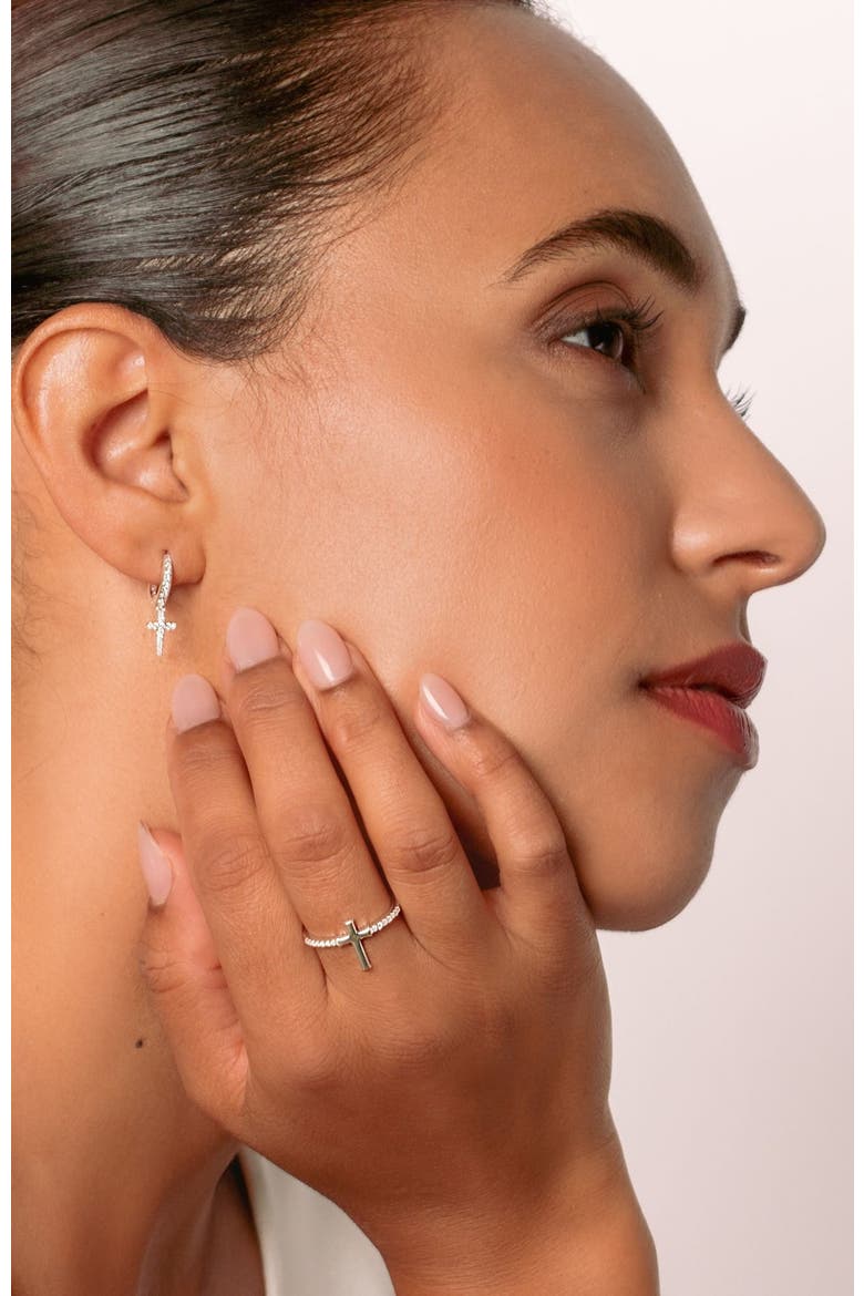 Luminous Pavé Cross Huggie Hoop Earrings, Alternate, color, Sterling Silver