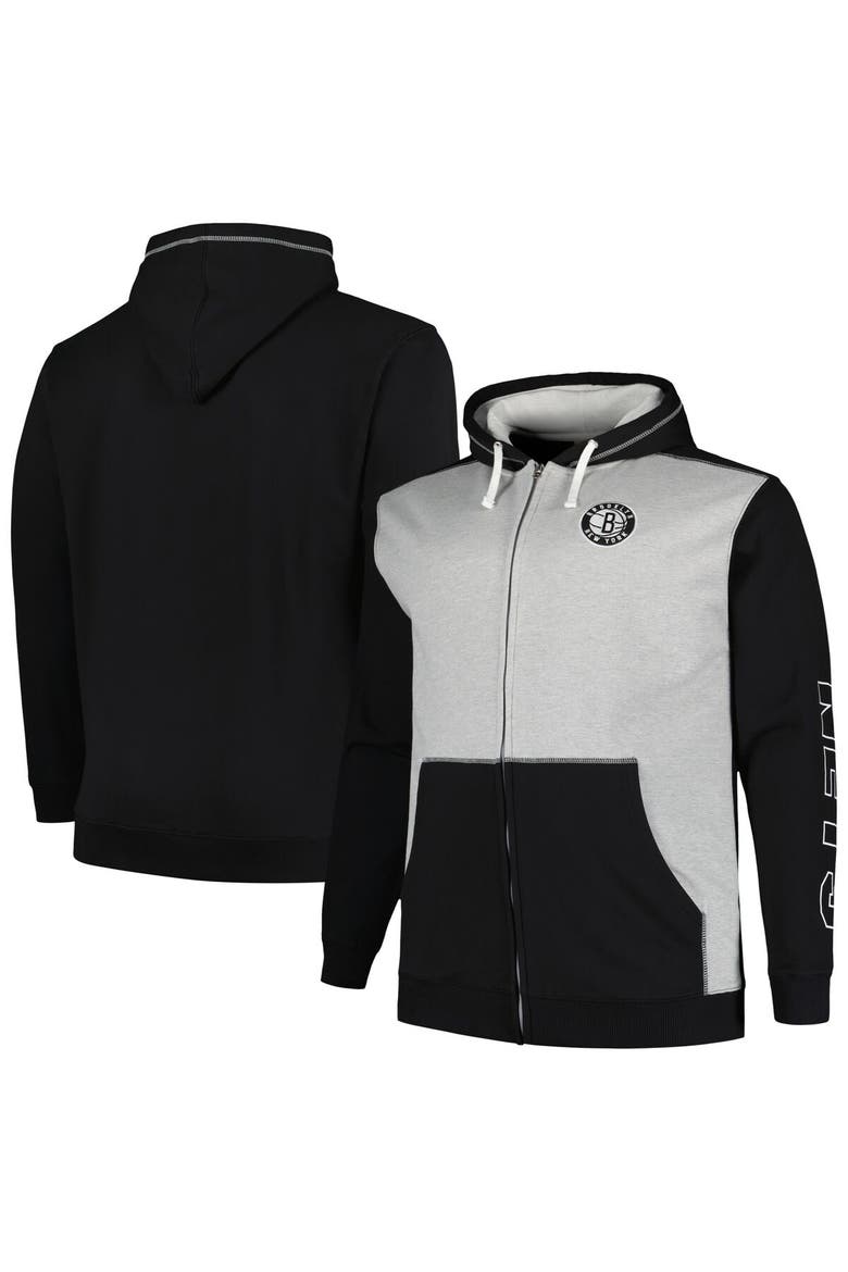 Men's Fanatics Branded Black/Heather Gray Brooklyn Nets Big & Tall Contrast Pieced Stitched Full-Zip Hoodie, Alternate, color, Black