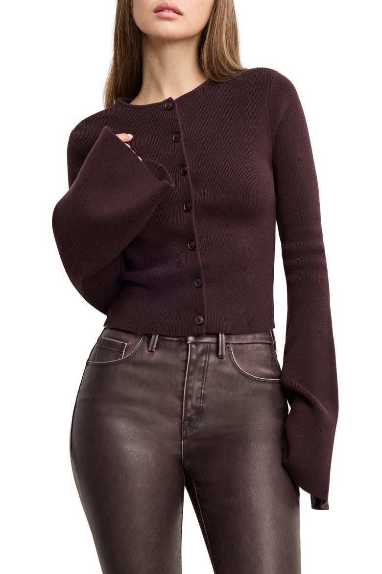 Ribbed Bell Sleeve Cardigan, Main, color, BARK003