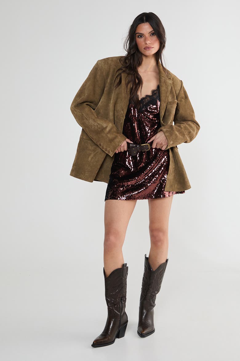 Sequin Lace Trim Mini Slip Dress, Alternate, color, Chocolate