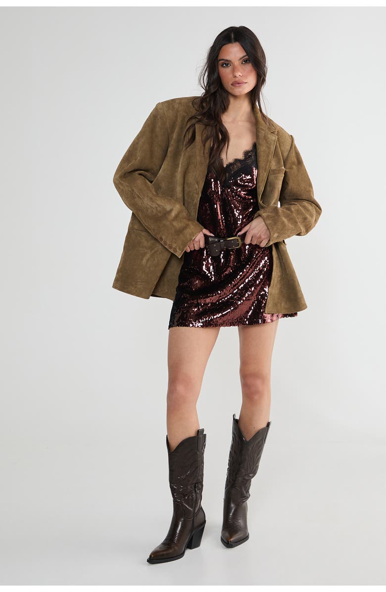 NASTY GAL Sequin Lace Trim Mini Slip Dress, Alternate, color, Chocolate