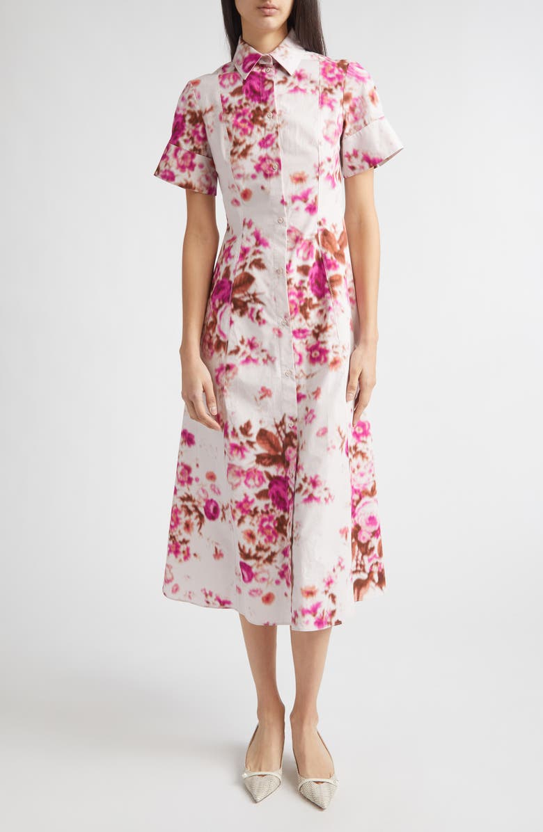 Erdem Floral Print Heavyweight Organic Cotton Poplin Shirtdress, Main, color, Rose Bouquet Hot Pink