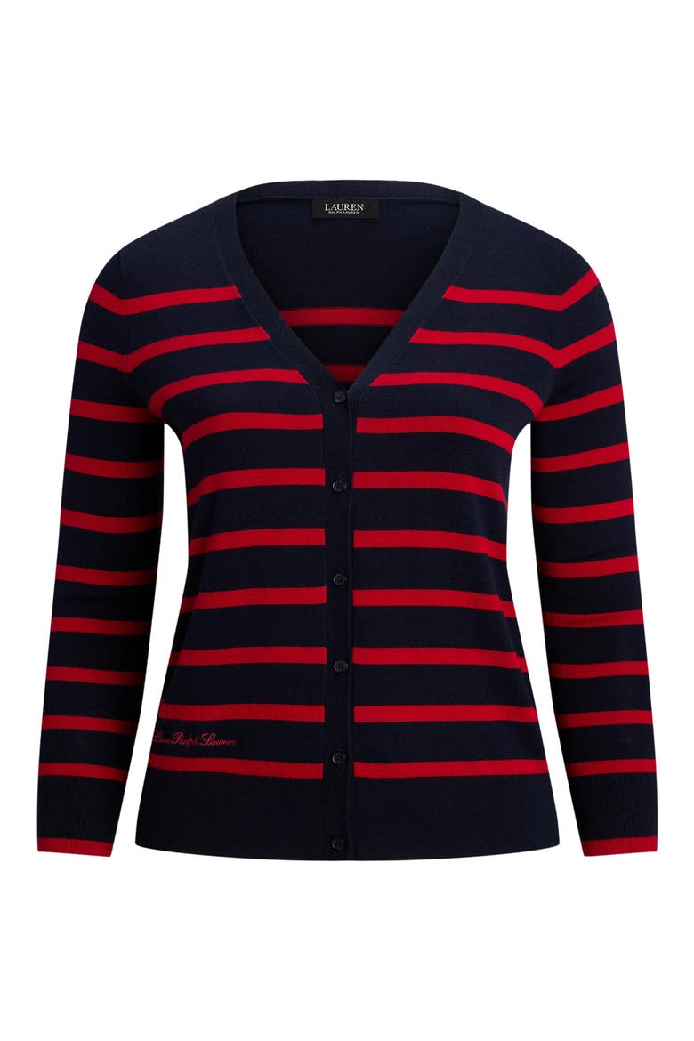 Stripe Cotton & Modal Cardigan, Alternate, color, LAUREN NAVY/ FESTIVE RED