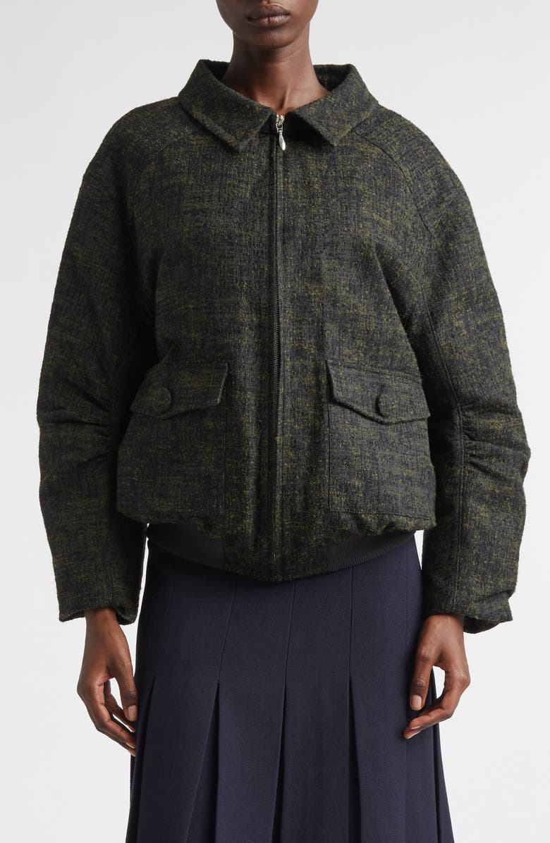 Shushu/Tong Ruched Sleeve Down Bomber Jacket, Main, color, Hunter Green