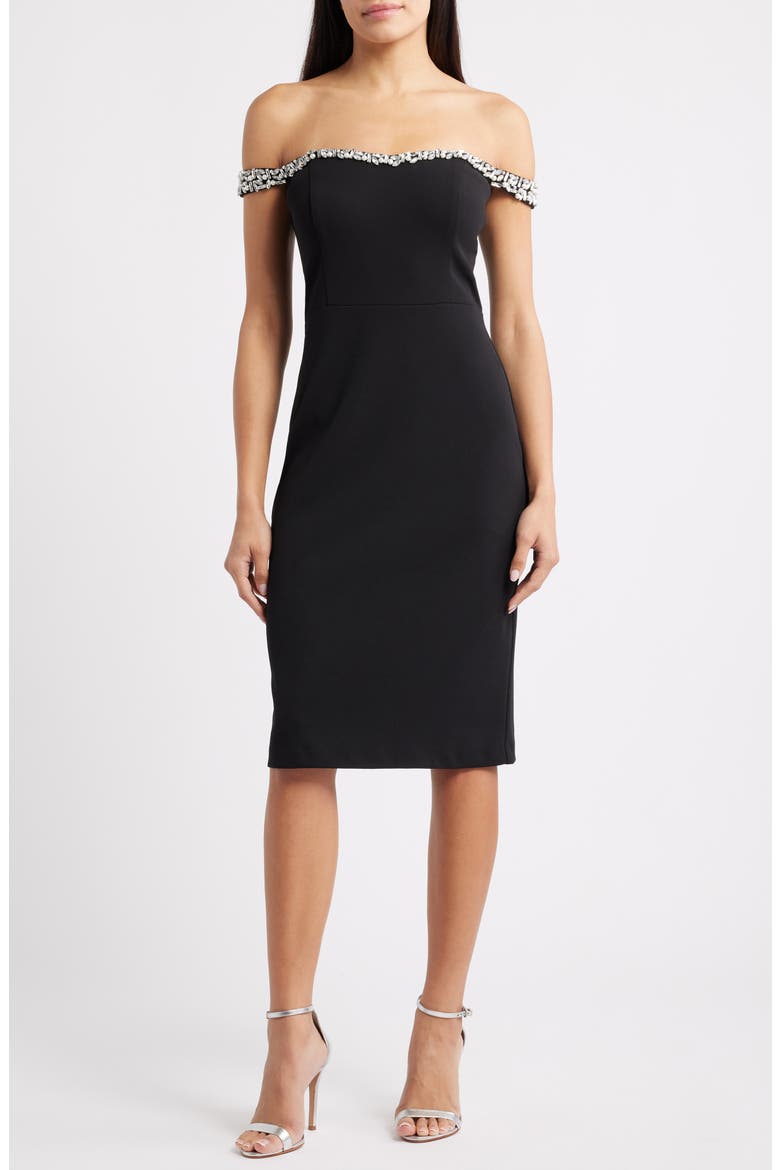 Embellished Off the Shoulder Cocktail Dress, Main, color, BLACK