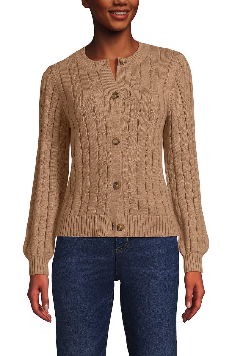 Lands' End Drifter Classic Cable Crew Neck Cardigan Sweater, Main, color, Vicuna Heather