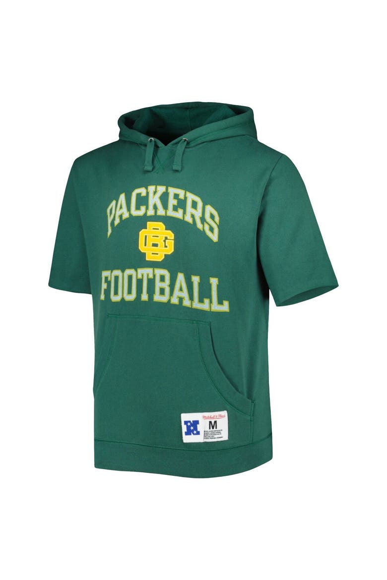 Men's Mitchell & Ness Green Green Bay Packers Washed Short Sleeve Pullover Hoodie, Alternate, color, Green