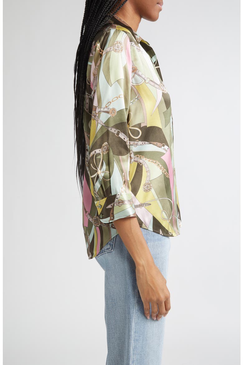 Dani Three Quarter Sleeve Silk Button-Up Shirt, Alternate, color, OLIVE MULTI BELT SWIRL
