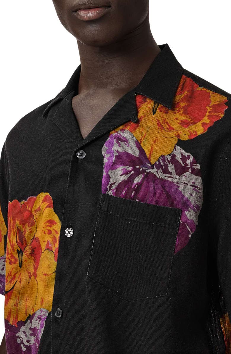 AllSaints Nouvelle Floral Linen & Cotton Camp Shirt, Alternate, color, Jet Black