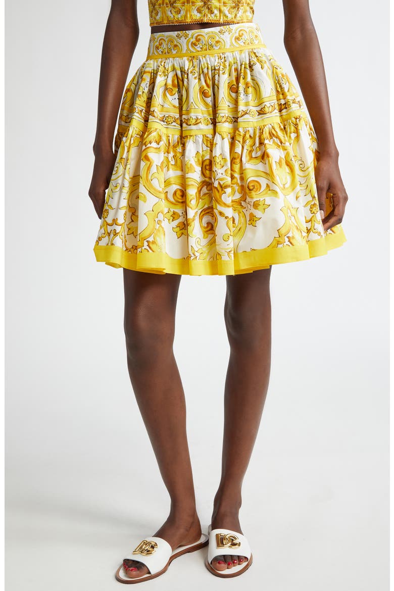 Tile Print Cotton Skater Skirt, Main, color, HG3TN MIX MAIOLICA GIALLO
