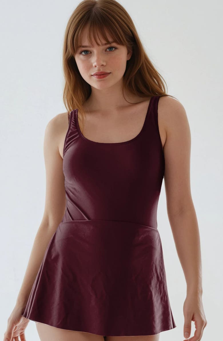 Calypsa Hayley Tankini-Style Swim Dress With Adjustable Straps and Hidden Bikini Bottoms, Main, color, Wine