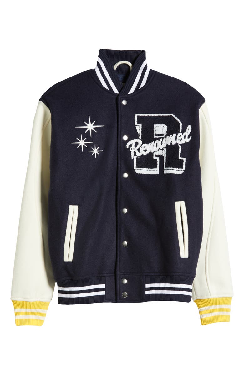 Renowned Embroidered Varsity Jacket, Main, color, Creme