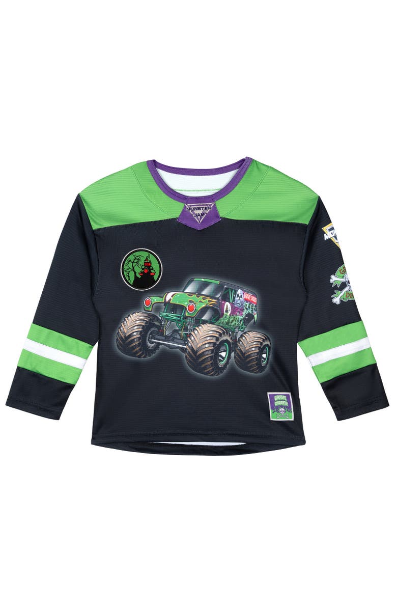 Monster Jam Athletic Long Sleeve Hockey Jersey Shirt, Main, color, Grave Digger Black