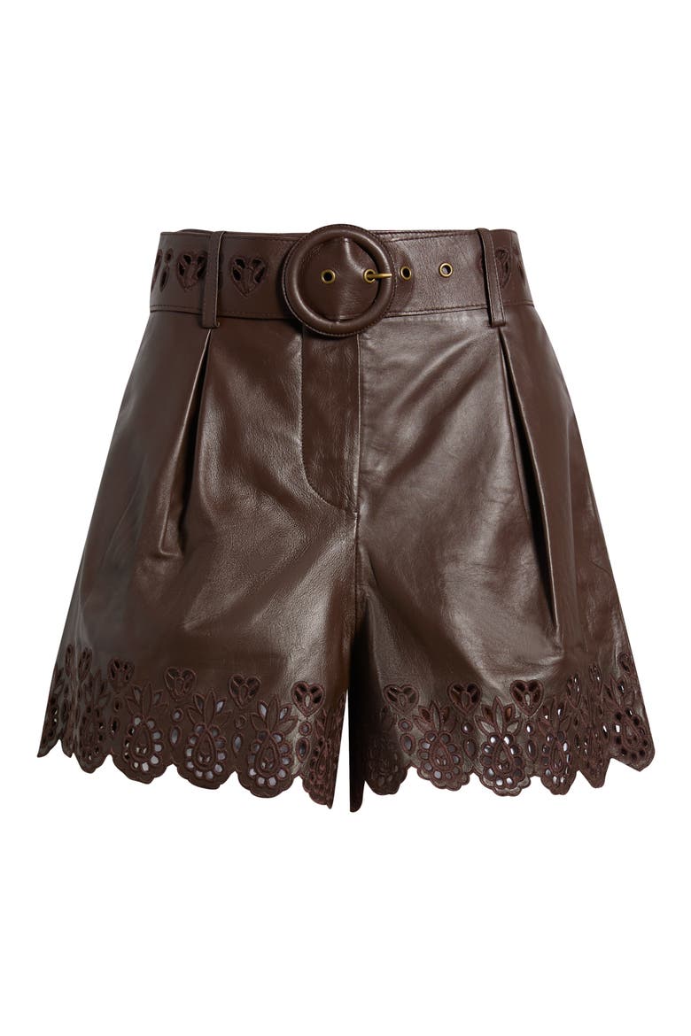 Hearts Cutout Belted Leather Shorts, Alternate, color, BROWN