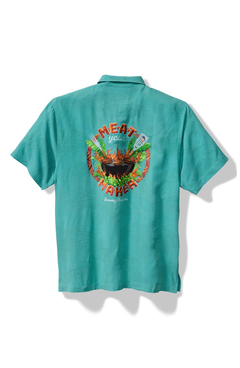 Tommy Bahama Meat Your Maker Floral Jacquard Silk Camp Shirt, Alternate, color, Aqua Aloha