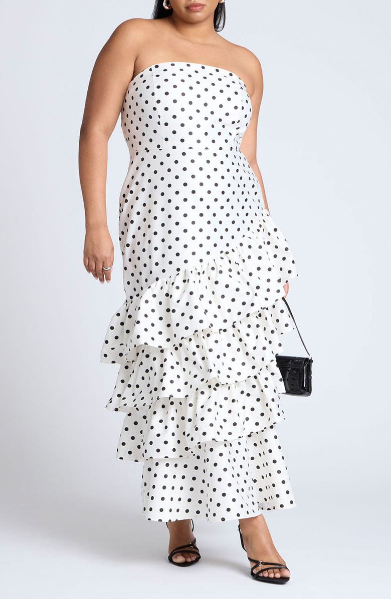 ELOQUII Polka Dot Ruffle Strapless Gown, Main, color, 