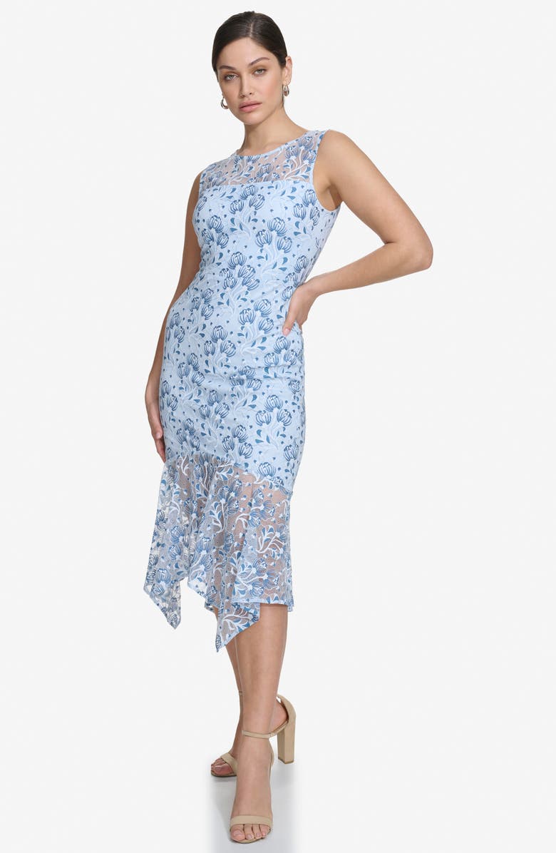 Kensie Floral Lace Handkerchief Hem Dress, Alternate, color, Blue Multi