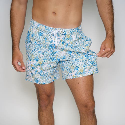 Shop Le Club Resortwear 4.25" Le Club 4 Way Stretch Mens Swim Trunk In White/blue