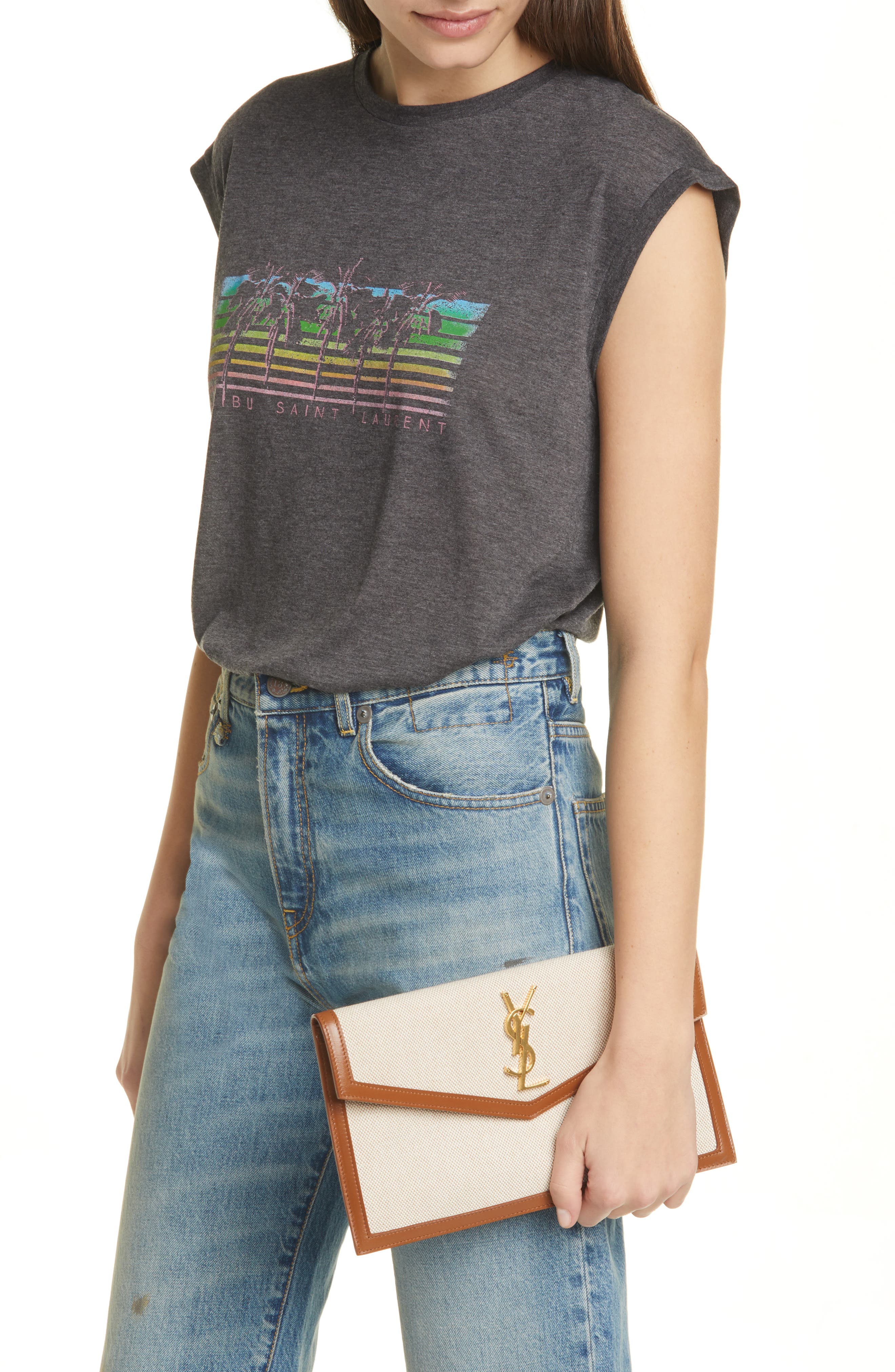Saint Laurent Uptown Canvas & Leather Clutch, Alternate, color, 