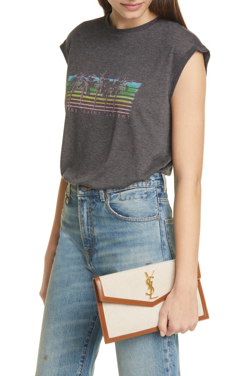 Saint Laurent Uptown Canvas & Leather Clutch, Alternate, color,