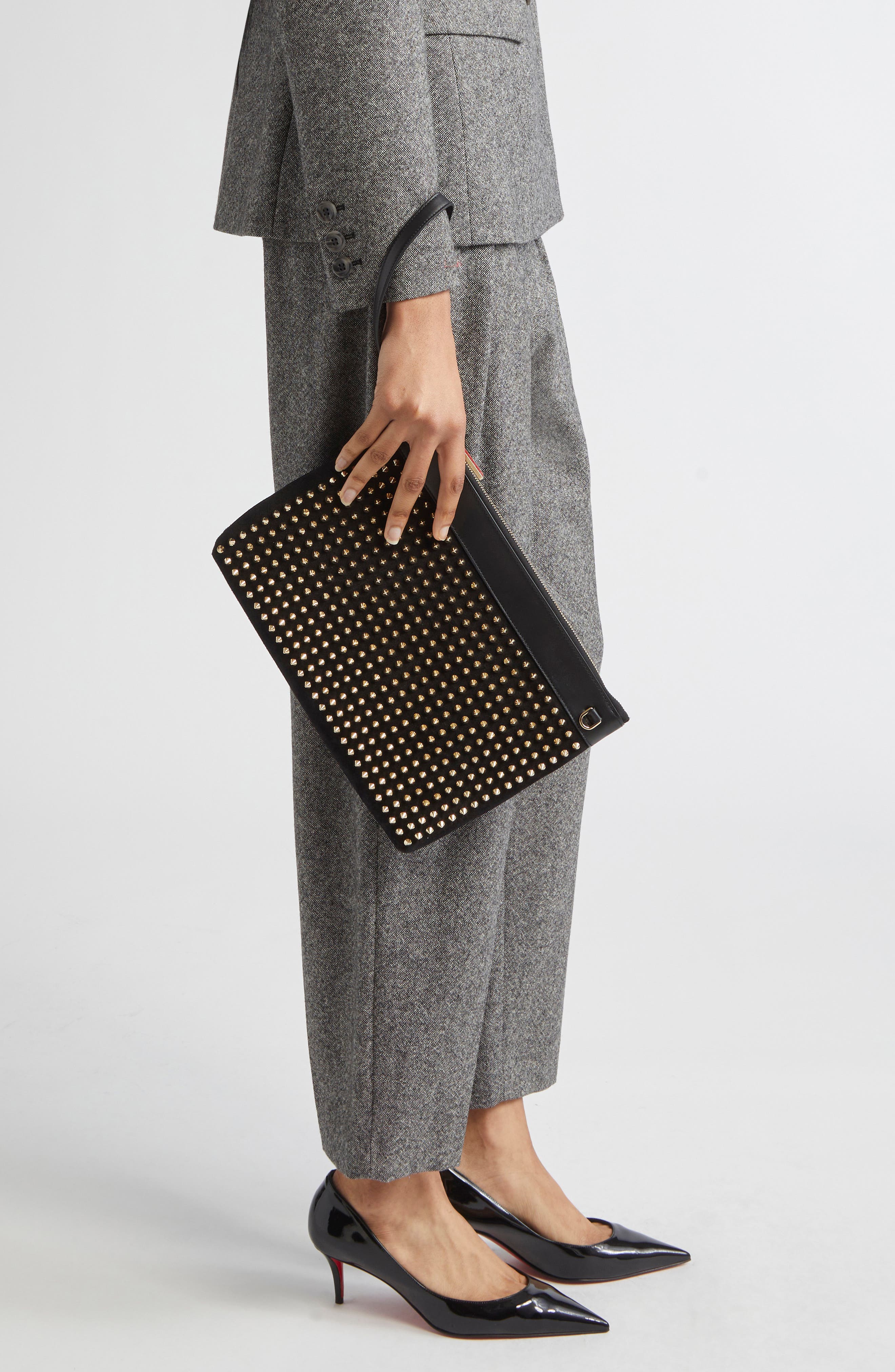 Christian Louboutin Funky Crosta Spikes Suede Wristlet, Alternate, color, Black