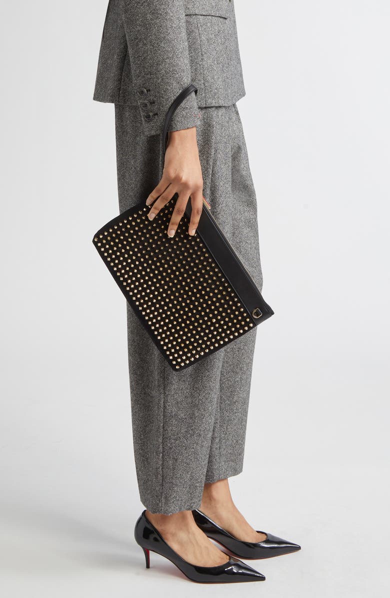 Christian Louboutin Funky Crosta Spikes Suede Wristlet, Alternate, color, Black