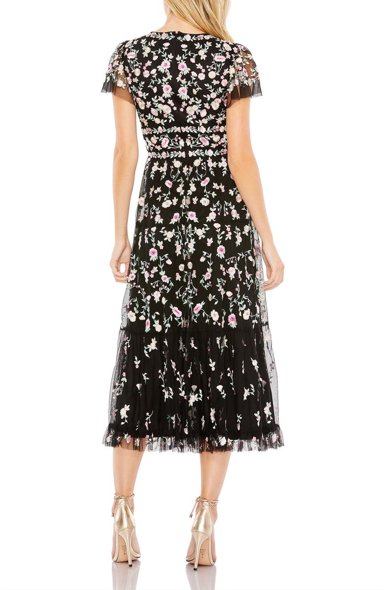 Mac Duggal Embroidered V Neck Cap Sleeve Midi Dress, Alternate, color, Black Multi