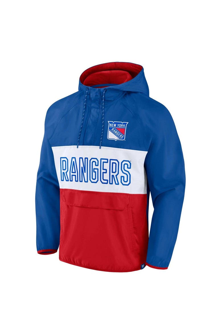 Men's Fanatics Branded Blue/Red New York Rangers Backhand Shooter Defender Anorak Raglan Hoodie Quarter-Zip Jacket, Alternate, color, Blue
