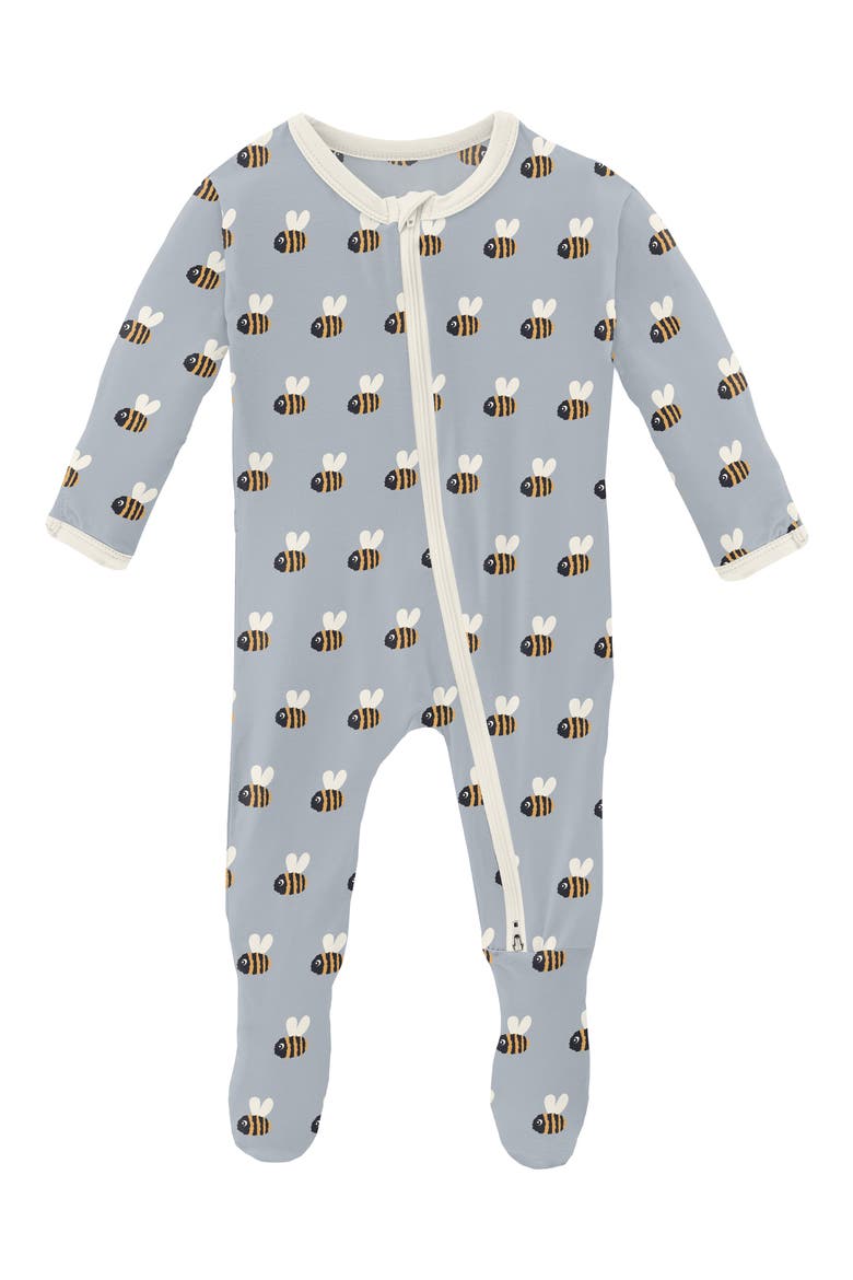 Bee Print Fitted One-Piece Pajamas, Main, color, PEARL BLUE BABY BUMBLEBEE