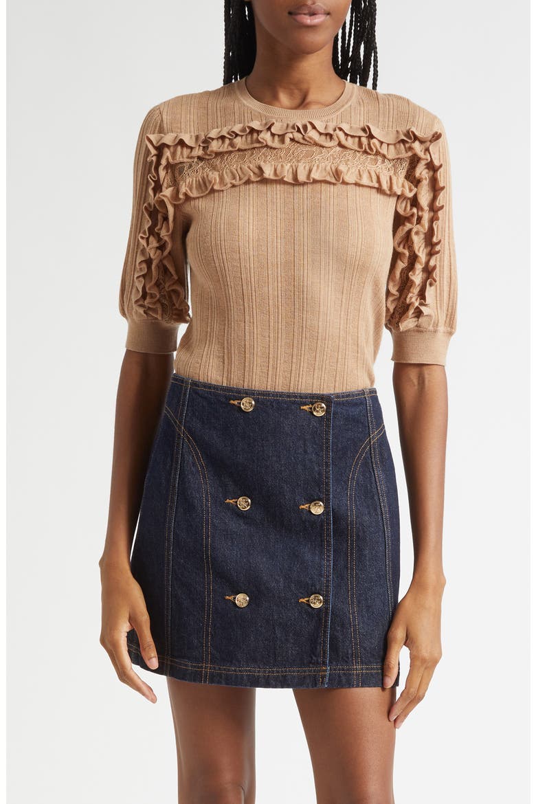 Salima Ruffle & Lace Merino Wool Sweater, Main, color, CAMEL MELANGE