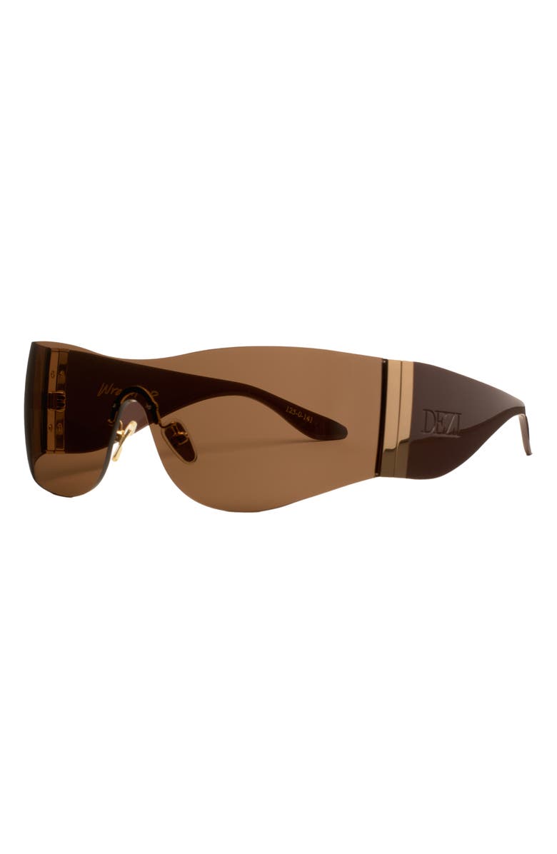 DEZI Wrap It Up 141mm Rimless Shield Sunglasses, Alternate, color, Wrap It Up Chocolate / Brown