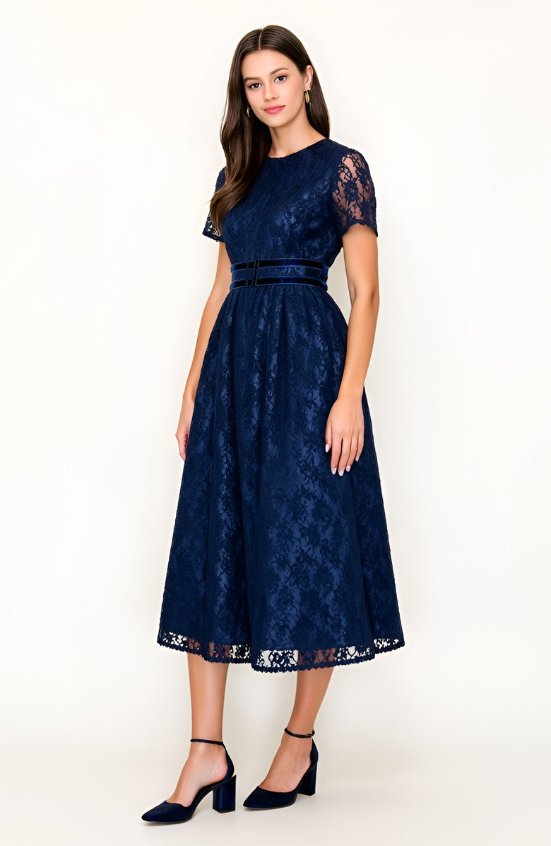 Modenaire Lace Midi Dress with Sheer Short Sleeves and Velvet Waistband Detail, Main, color, Navy
