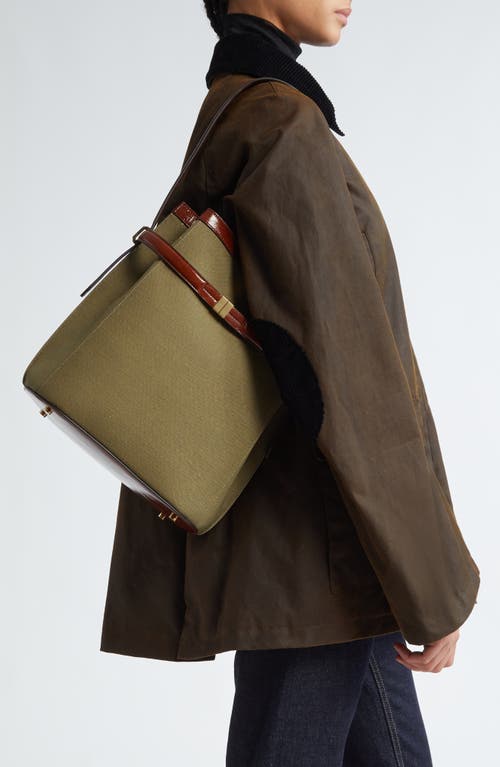 Totême Toteme Belted Cotton & Linen Blend Canvas Bucket Bag In Khaki Green