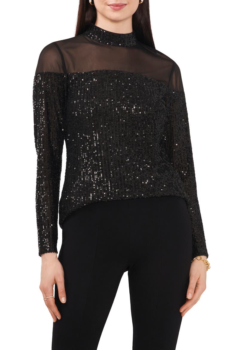 Sequin Mock Neck Long Sleeve Top, Main, color, BLACK
