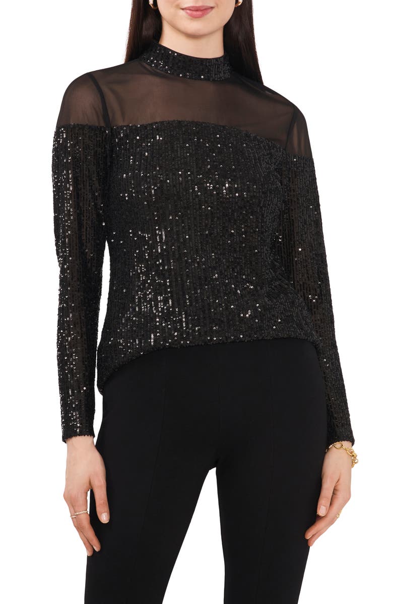 Chaus Sequin Mock Neck Long Sleeve Top, Main, color, Black