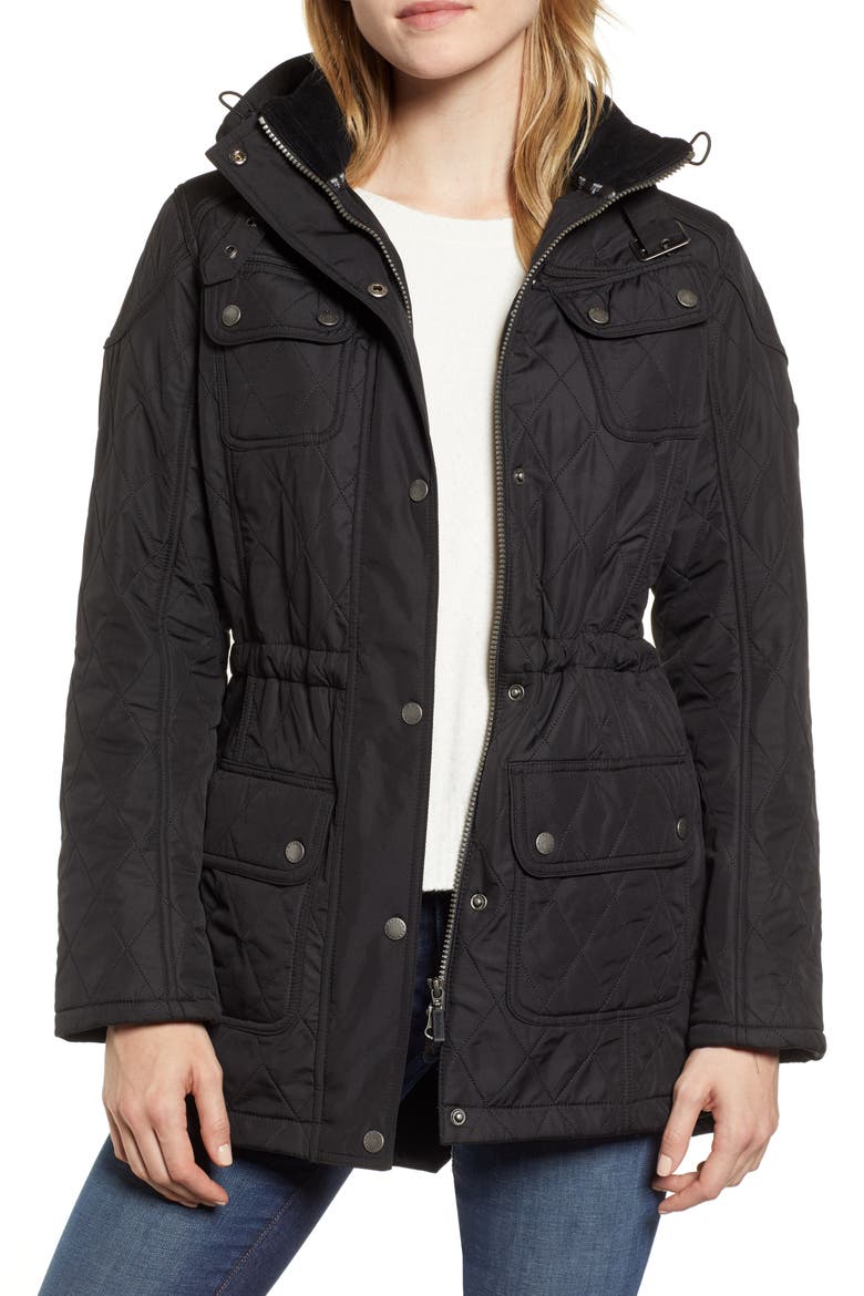 Arrow Quilted Hooded Anorak Coat, Main, color, BLACK