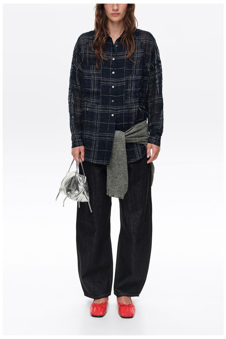 Checked linen blend oversize shirt, Alternate, color, NAVY