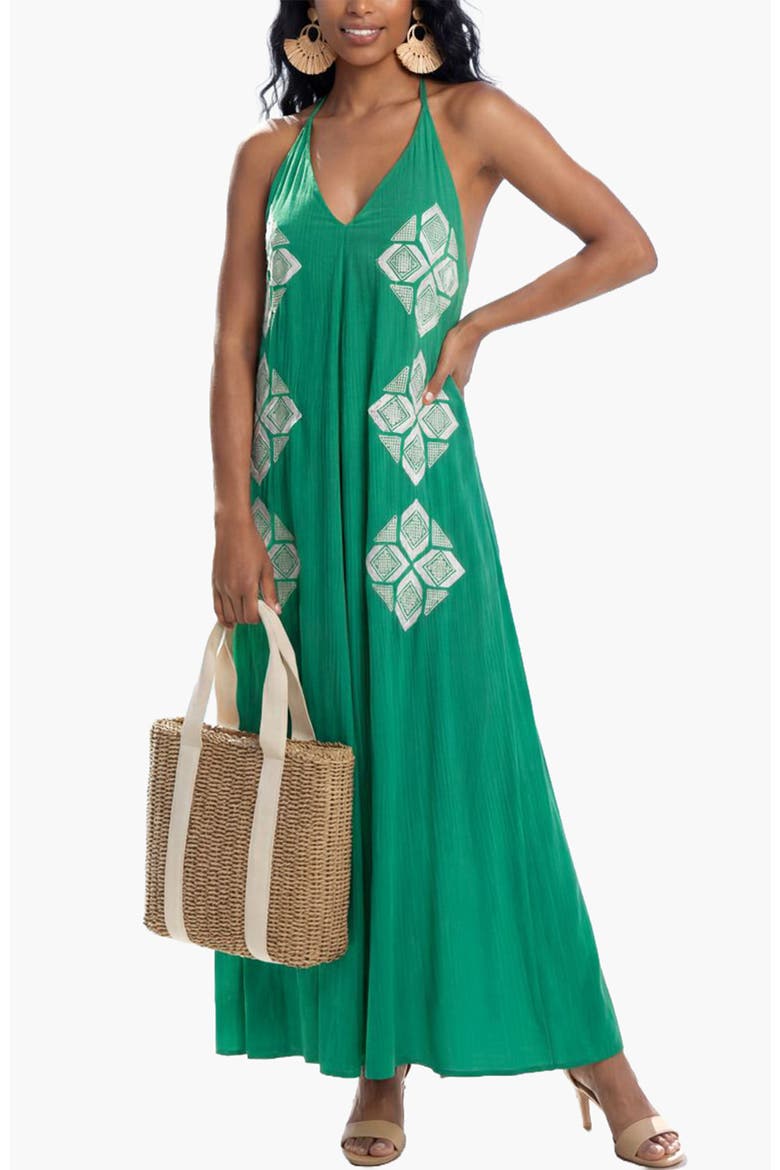Halter Neck Embroidered Maxi Dress, Main, color, Green