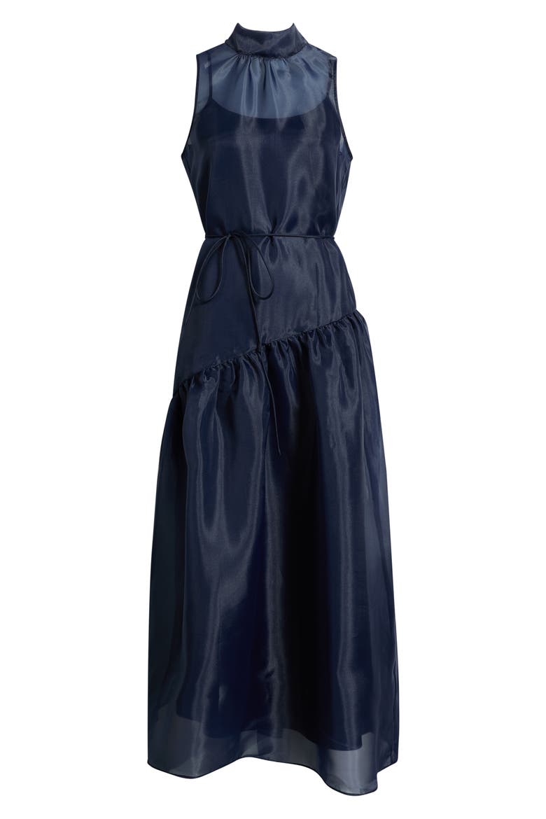 Tie Neck Organza Overlay Gown, Alternate, color, NAVY