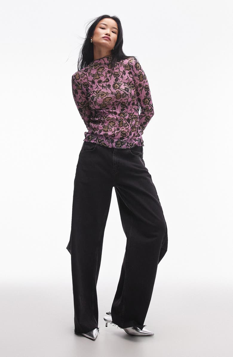 Topshop Floral Print Funnel Neck Crinkle Top, Alternate, color, 