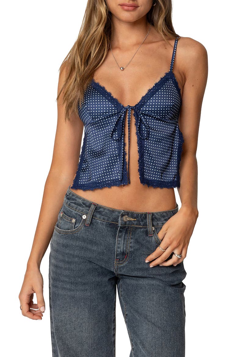 Polka Dot Lace Trim Satin Camisole, Main, color, NAVY