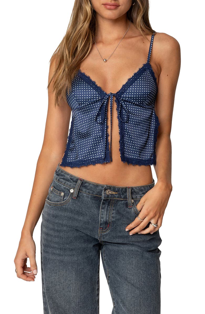 EDIKTED Polka Dot Lace Trim Satin Camisole, Main, color, Navy